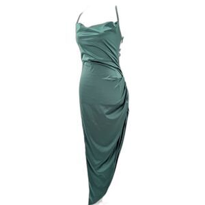 Emerald Green Satin Tie Neck Cowl Backless Formal Prom Midi Dress Size Medium